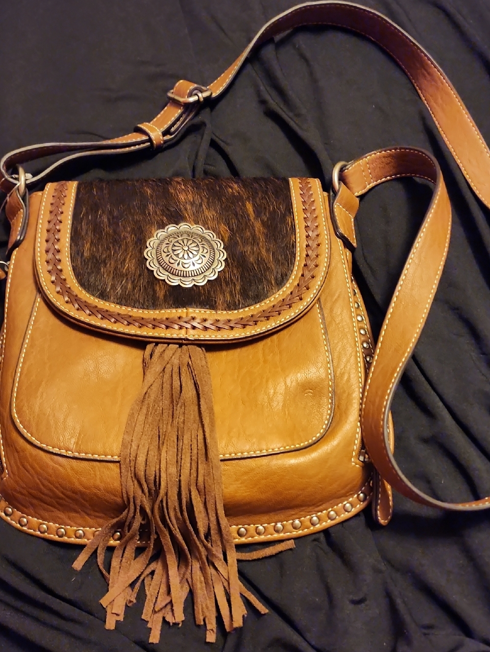 Blazin Roxx Tan and Dark Brown Leather Fringe Crossbody with Concho